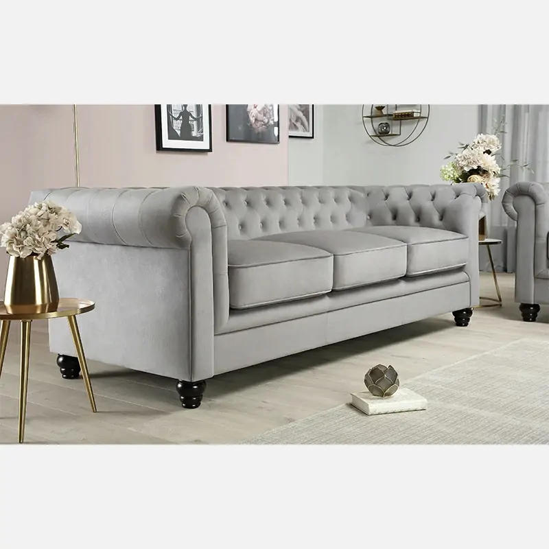 Chesterfield Grey Velvet 3-Seater Sofa