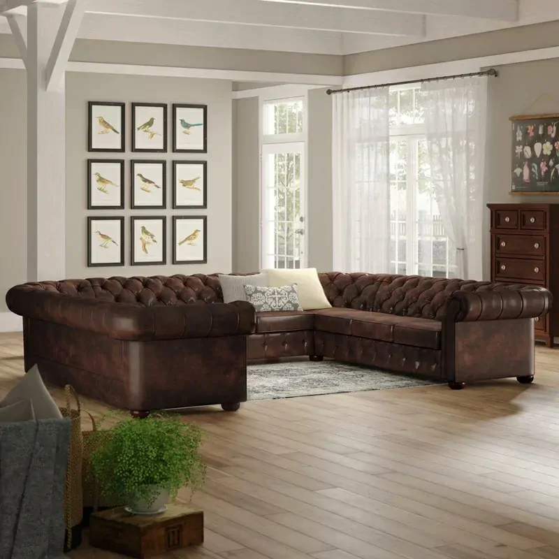 Chesterfield U Shape Sofa - Brown Leatherette