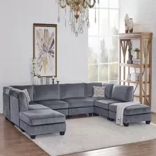 Chesterfield U Shape Sofa - Light Grey Velvet