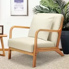 Beige Cushioned Wooden Armchair