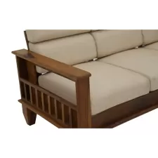 Wood Three Seater Sofa with Beige Moulded Foam Cushions
